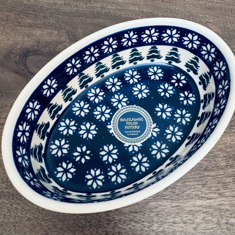 Boleslawiec Polish Pottery Oval Christmas Trees Snowflakes Bowl Dish
